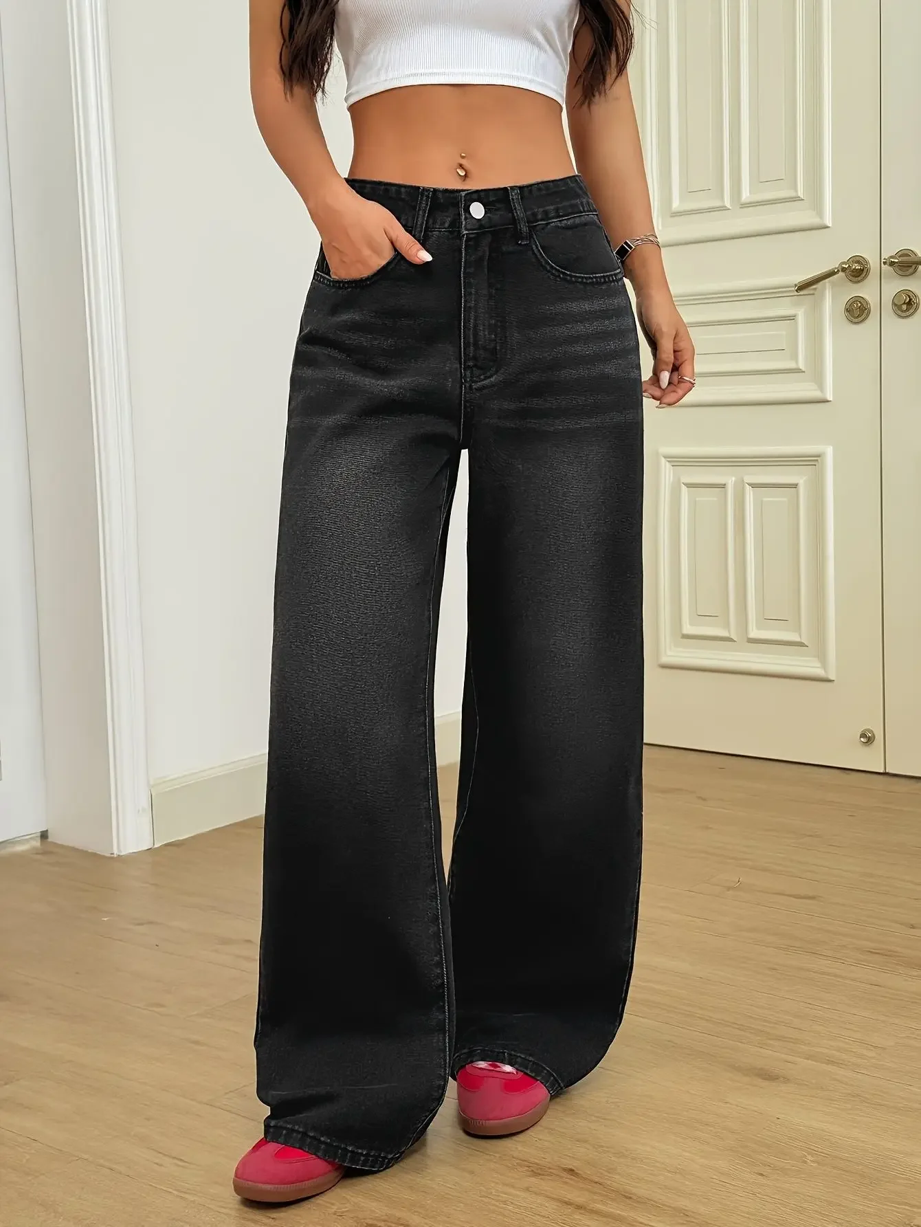 

Korean Vintage High Waist Women's Jeans Y2K Slimming Pear-Shaped Loose Straight Bell Bottoms Black Gray Baggy Denim Trousers