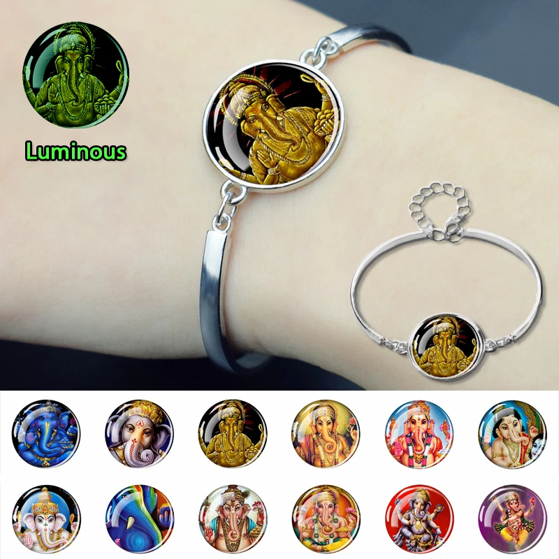 Ganesha Luminous Bracelet Hindu God of Wisdom Wealth Fashion Glass Convex Gem Glowing Bangle for Women Girls Charm Jewelry Gifts