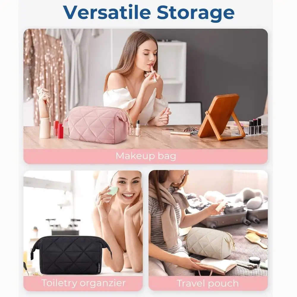 Puffy Padded Travel Cosmetic Bag Large Capacity Solid Color Makeup Bag Wide-open Women Makeup Organizer Case Toiletry Bag