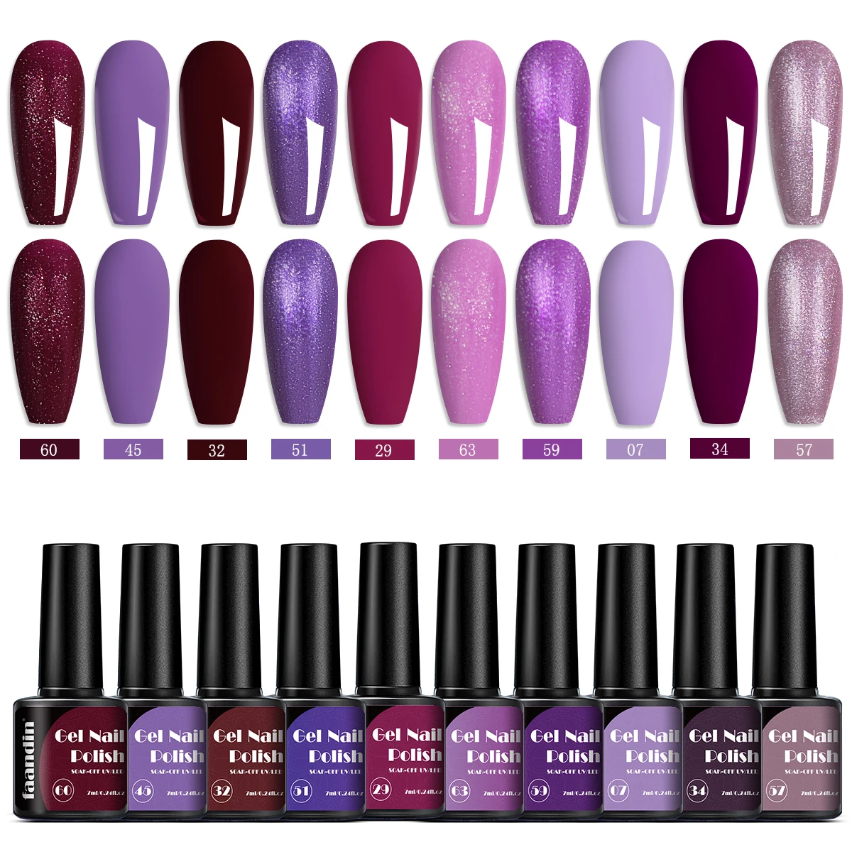 Faandin 7 ml * 1 bouteille, vernis à ongles gel de couleur unie, gel de vernis à ongles sélectionné série violette, séchage rapide, couleurs nobles et élégantes, sans alcool, couleur complète, pas facile à décolorer, peut être appliqué à la maison, article essentiel pour les dames à la mode, les sociétés et sociétés
