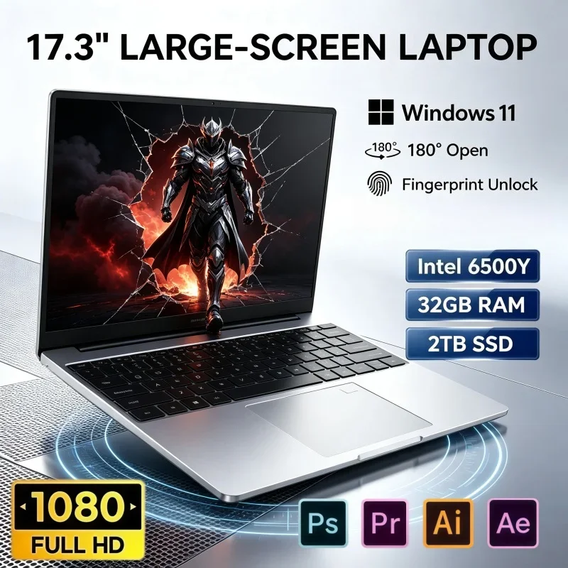Intel 6500Y 17.3in Large Screen Notebook Windows11 32GB RAM 2TB SSD Fingerprint Unlock Laptop PC For Daily Office & Gaming