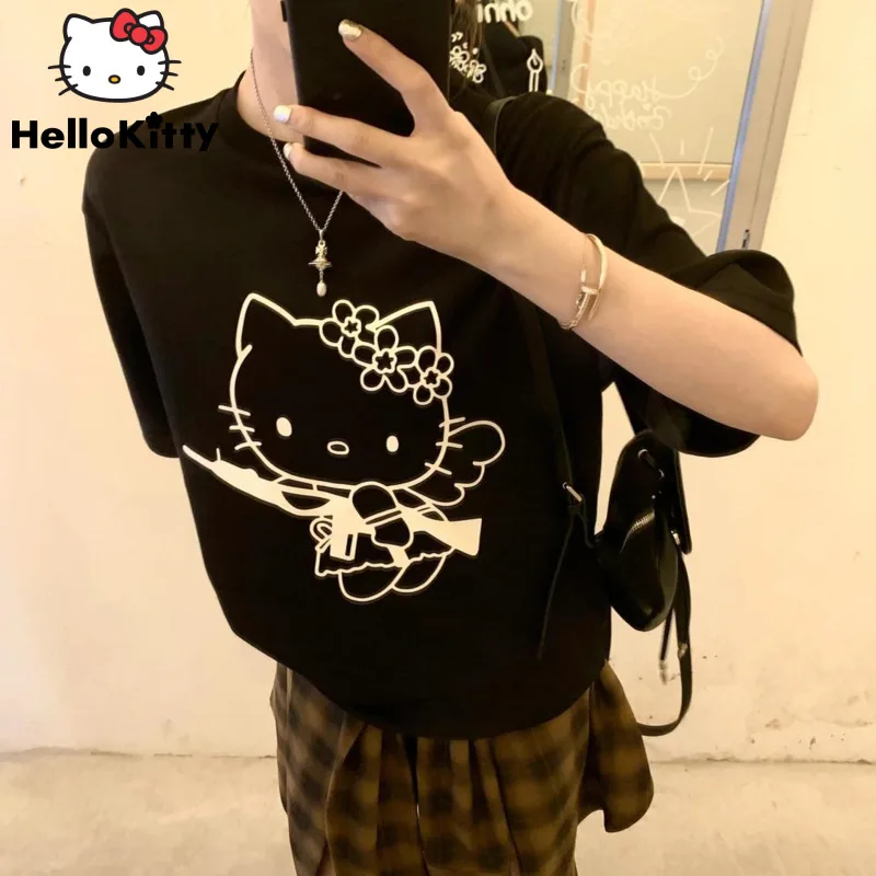 Camiseta Sanrio Hello Kitty de manga curta feminina, estilo americano, design moderno, camiseta de nicho, blusa casual solta de algodão para menina verão, Y2k