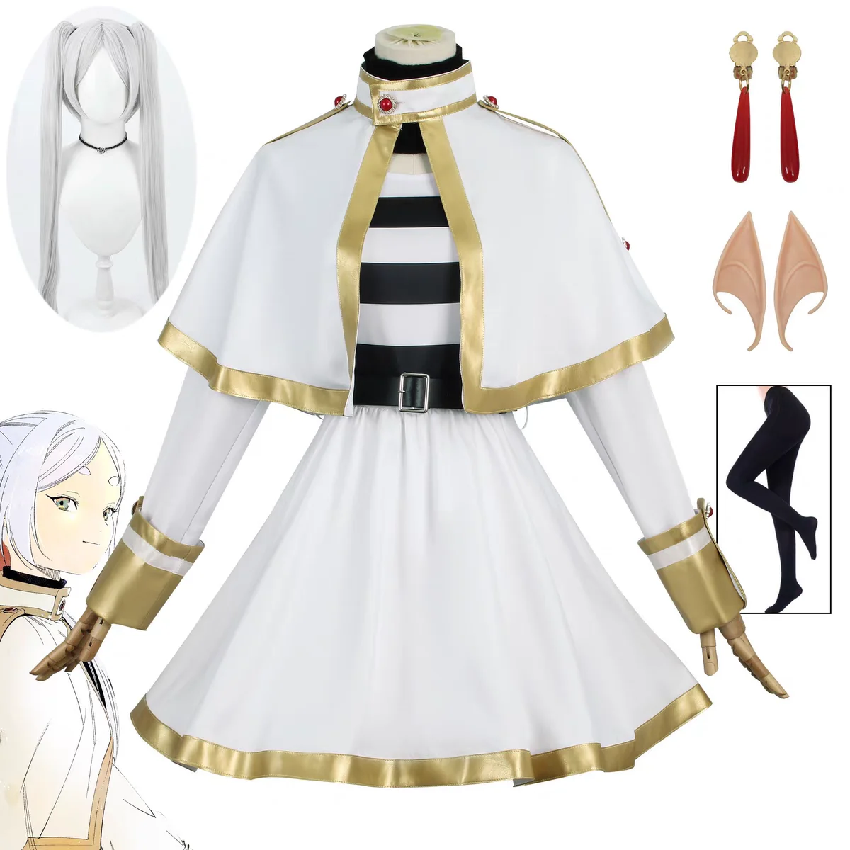 مجموعة أزياء Sousou No Frieren التأثيرية لشعر مستعار وأذن قزم وأحذية فستان ساحر للنساء لحفلات الهالوين وأعياد الميلاد
