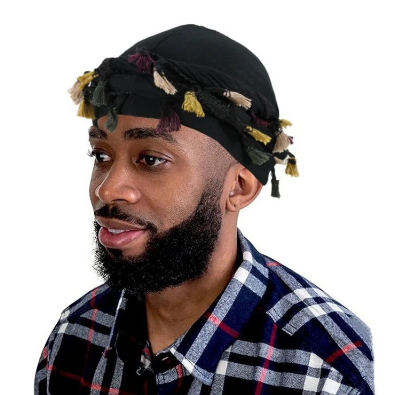 

New Color Matching Beard Twist Turban Cap High Quality Satin Lining Durag Double-Layer Men's Woven Head Scarf Velvet Durags