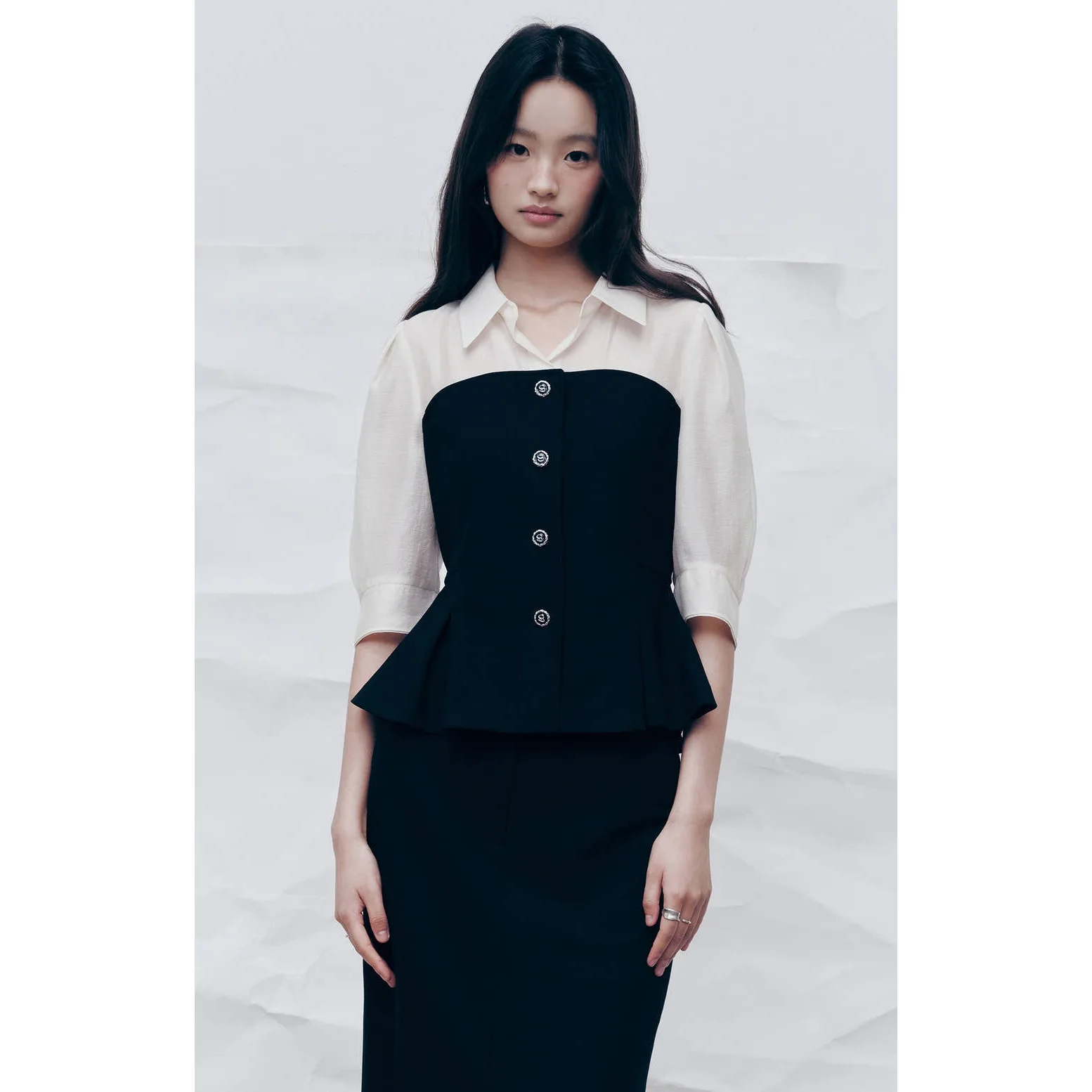 

Elegant Waist-Cinching Shirt Collar Blouse Color Block Design Casual Wear Polyester Fabric Seven Sleeve Lengths