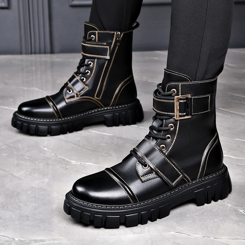 men luxury fashion high motorcycle boots black stylish genuine leather shoes cowboy platform boot handsome autumn winter botas