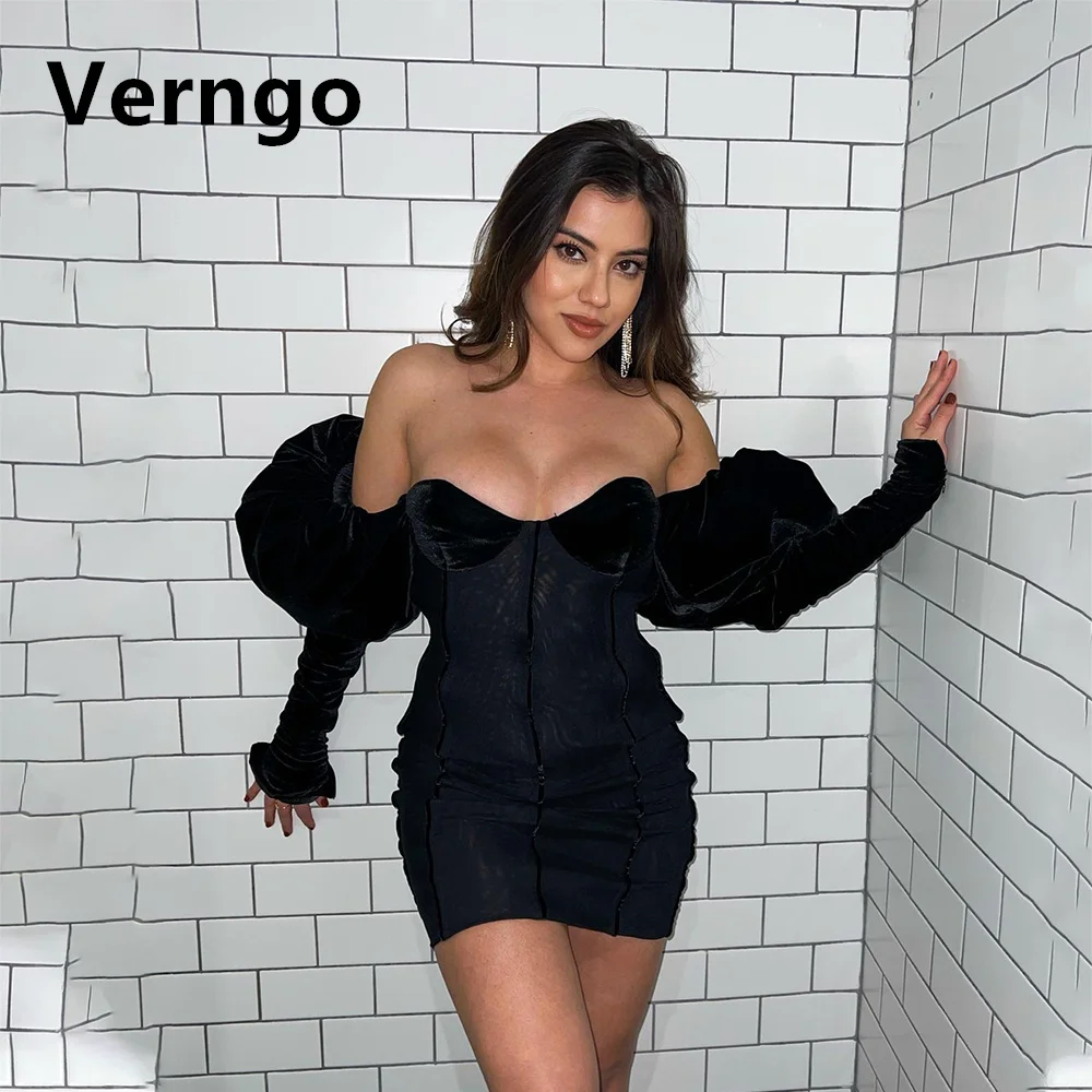 

Verngo Black Velvet Short Pary Dress For Women Sweetheart Puff Sleeves Cocktail Dress Sexy Mini Prom Gowns For Women