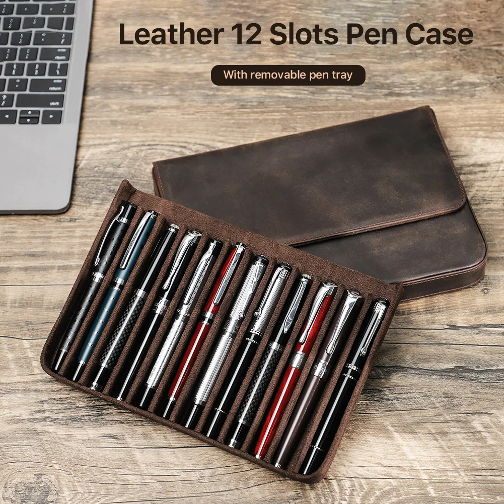 Luxury Genuine Leather 12 Slots Fountain Pen Case Box Office School Stationery Pen Storage Pouch Holder with Removable Pen Tray