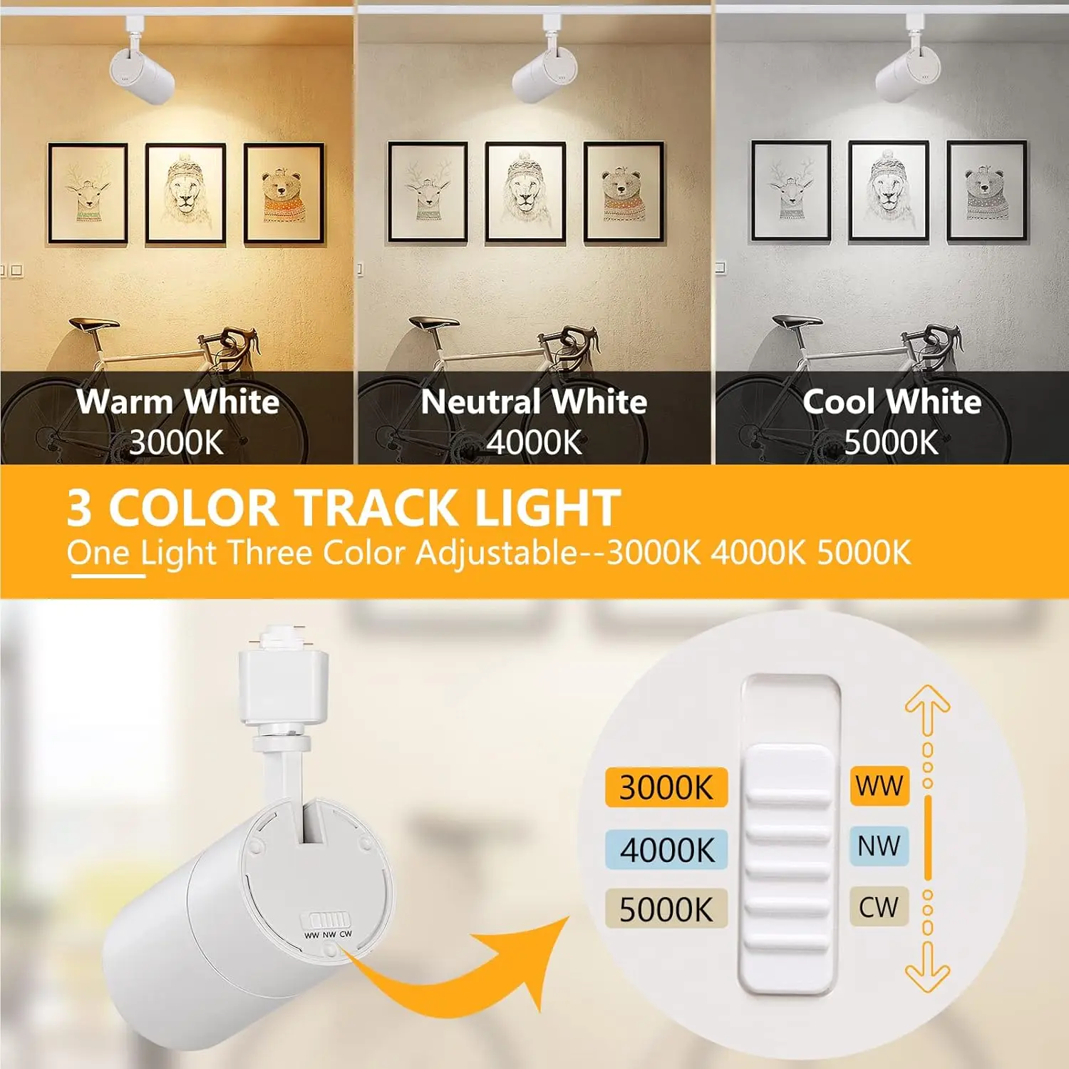 Vanoopee 3-Color 30W H Track Lighting Heads Dimmable Bright Led Track Lighting Fixtures Accent Task Retail Kitchen Ceiling