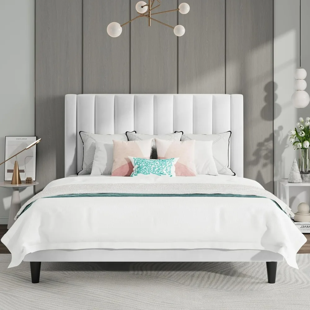 Bed.Full Bed Frame/Velvet Upholstered Platform Bed Frame with Headboard/Strong Wood Slats Support/Mattress Foundation/No Box