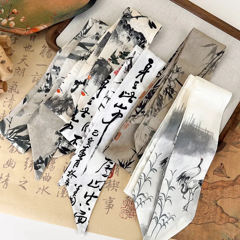 New Chinese Ancient Style Ribbon Headband Hair Ring Hair Rope Ink Painting Silk Scarf Womans Tied Hair Turban Fashion Headdress