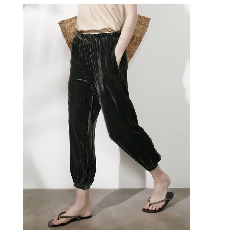 Fengbaoyu 天然シルクベルベット レディース 9 ピース パンツ ウエストゴム シンプルスタイル カジュアルパンツ 快適で涼しく通気性があります