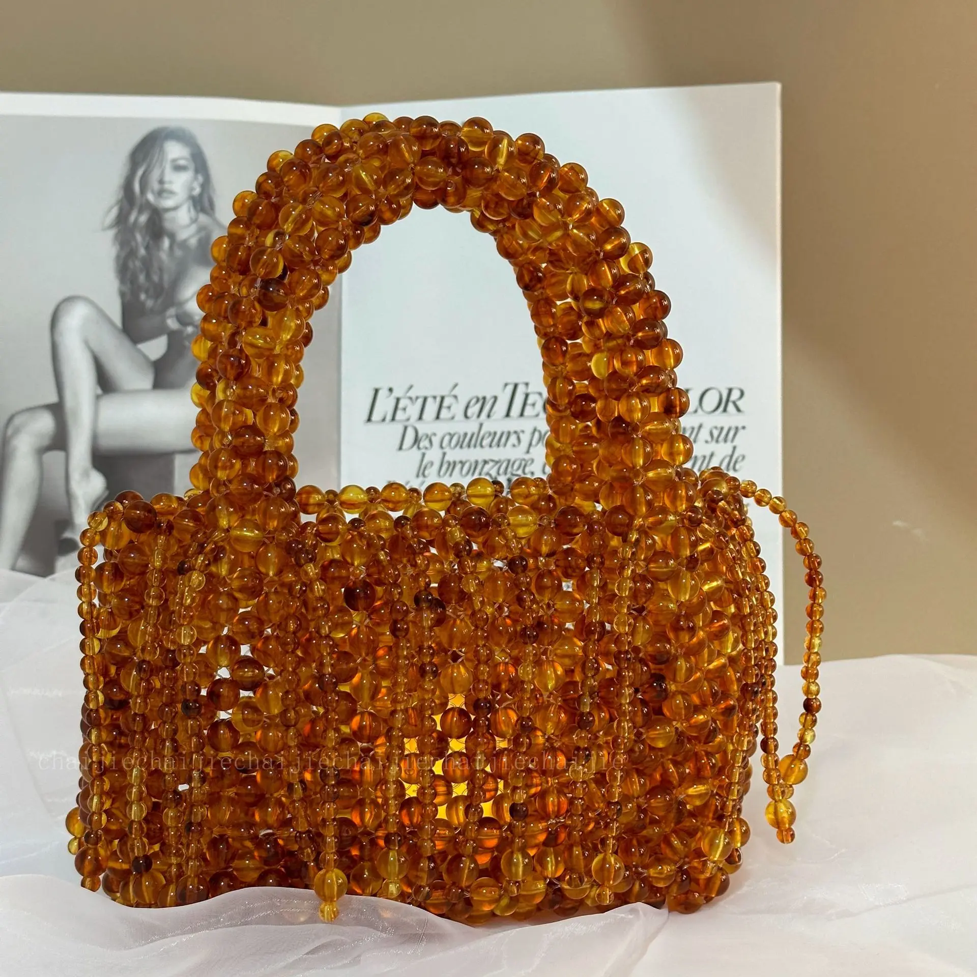 

Fashion Handmade Amber Acrylic Beaded Handbag Hollowed Out Tassel Top-Handle Party Wedding Evening Bag Sac for Women
