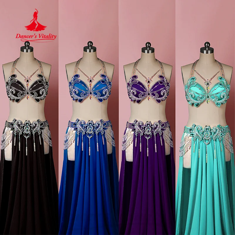 BellyDance Performance Costume Women Customization Luxury Diamond Bra+Sexy Split Chiffon Long Skirt 2pcs Oriental Dance Outfit