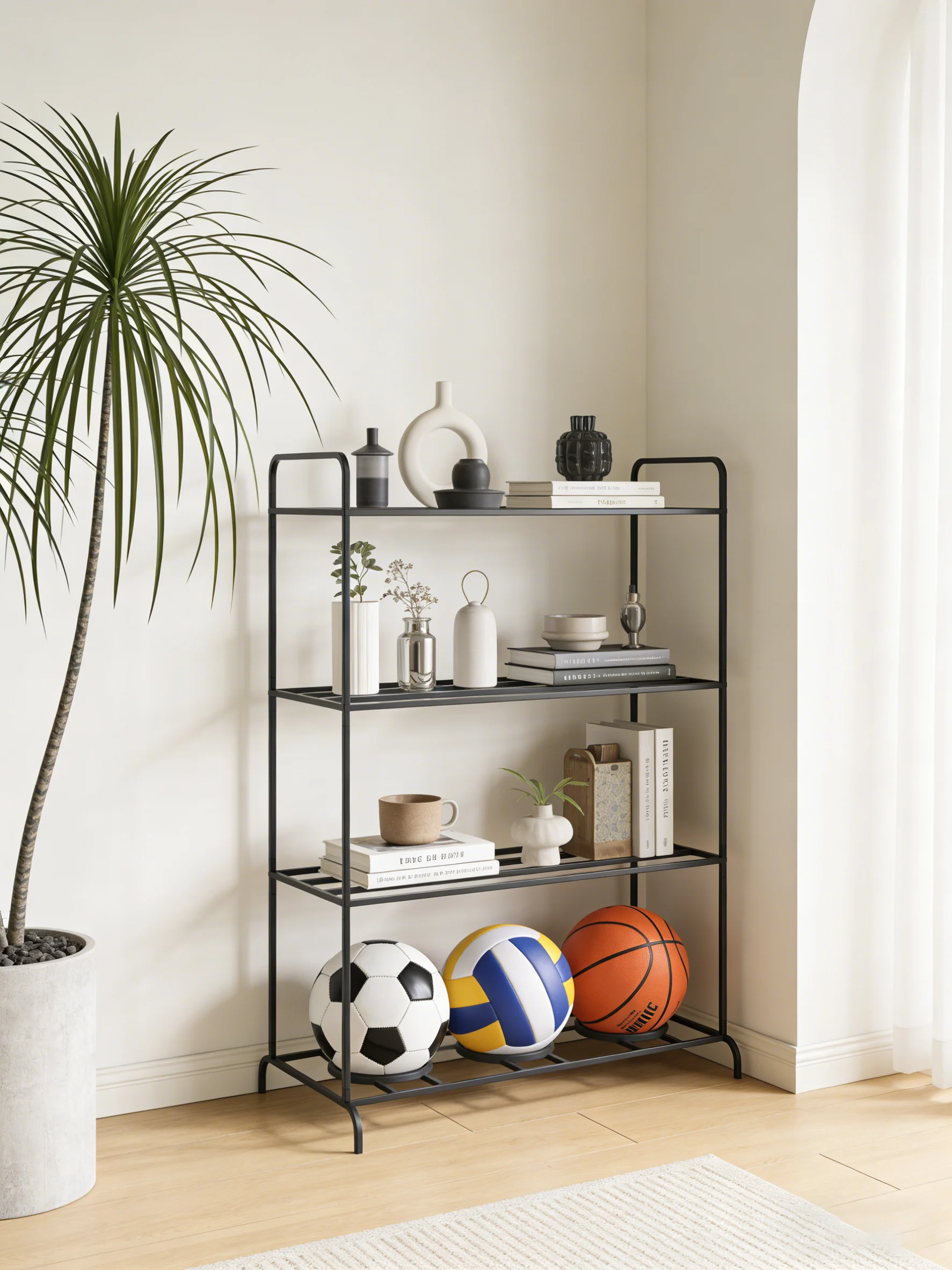 1-Layer Ball Rack + 3-Layer Storage Rack, Made of Iron, Basketball Storage Rack