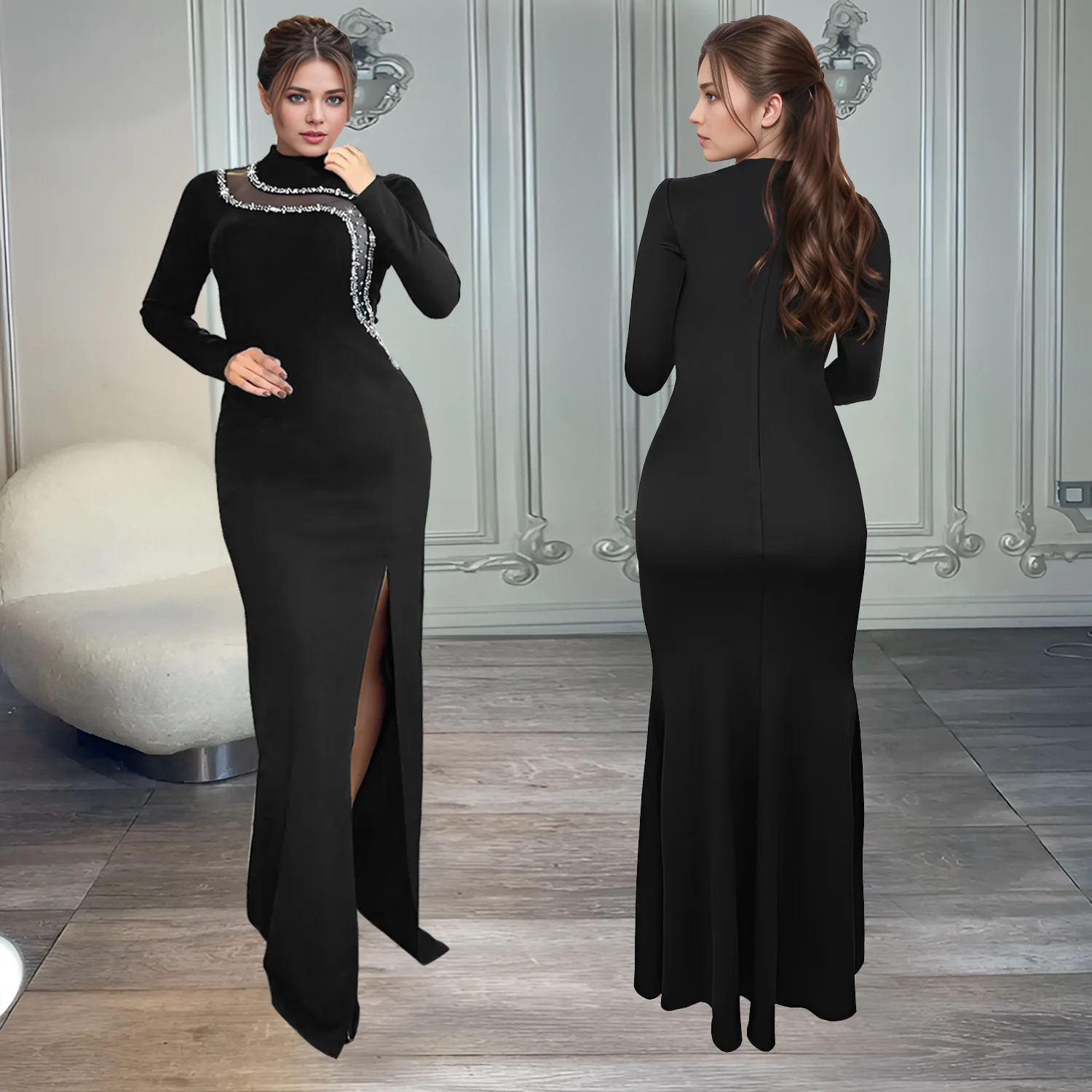 

customized women adult European and American fashion costume sexy slim fit long sleeved dress with split diamond chain bodysuit