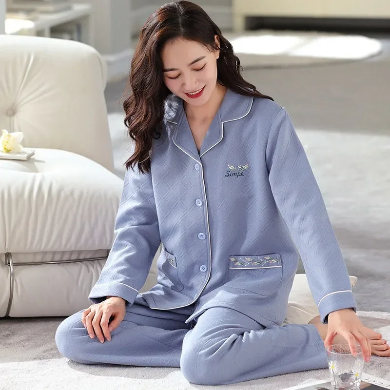 2024 New Autumn Winter Air Knitted Cotton Sandwich Pajamas Female Middle-aged Mother Loungewear Thickened Cotton Warm Homewear