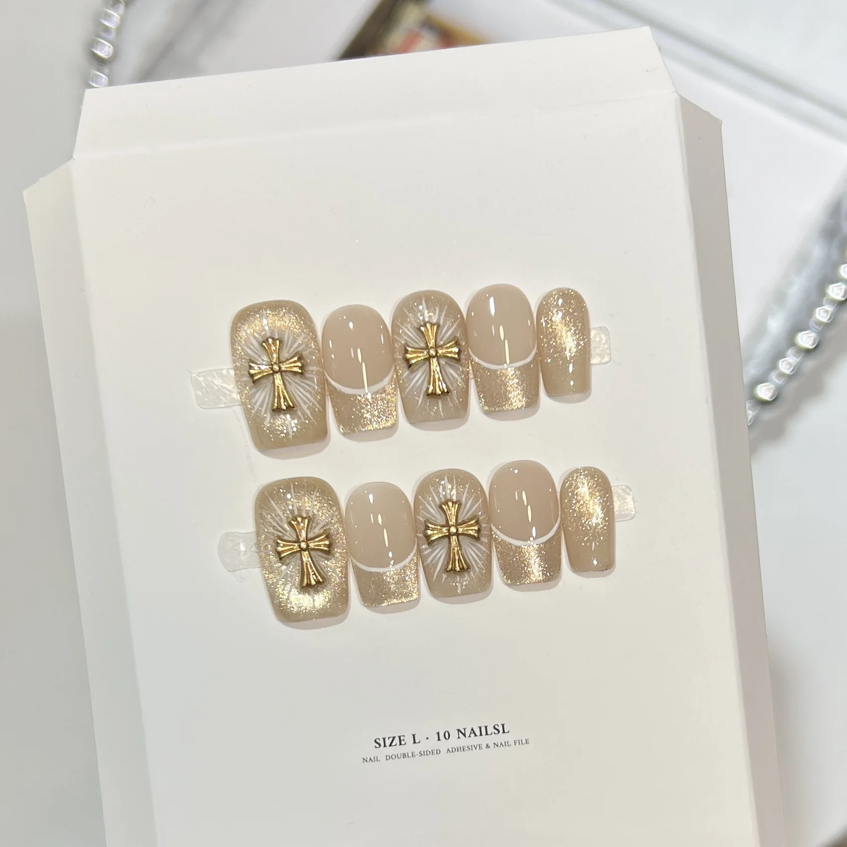 

Luxury French Tip Press-On Nails | Oracle Holy Light Cat Eye Hand-Painted Nails for Fall Winter Parties