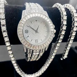 3PCS Luxury Iced Out Watches Men Women Tennis Chain Bracelet Necklace Bling Bling Jewelry Set Diamond Men's Watch Women Calendar