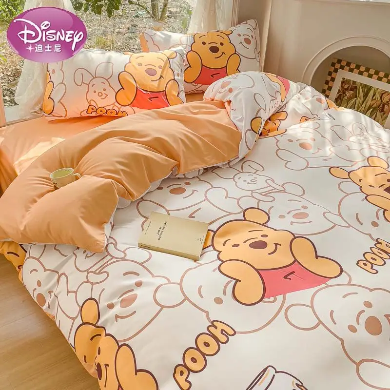 Disney Washed Bedding Set 4 Pcs Set Stitch Thin Quilt Cover 2 Pillowcases Flat Sheet Winnie the Pooh Four Seasons Universal