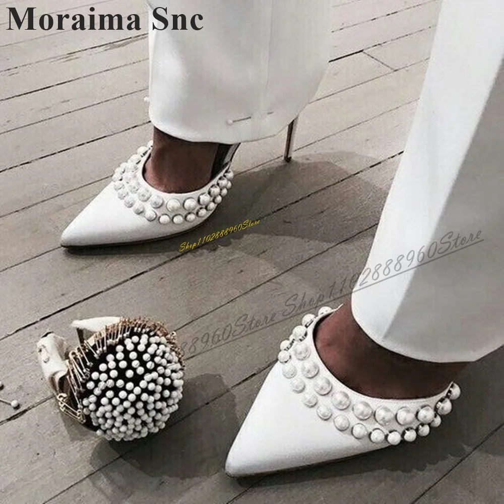 

White Side Empty Pearl Decoration Pumps Thin High Heel Shoes For Women Slip On Pointed Toe 2024 Fashionable Zapatos Para Mujere