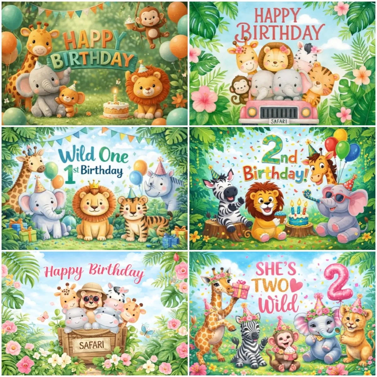 Image of Cartoon-Tier-Motiv Kinder 1. 2. Geburtstag Hintergrund Tropischer Dschungel Safari Kulisse Neugeborenen-Party Deko Banner Requisiten