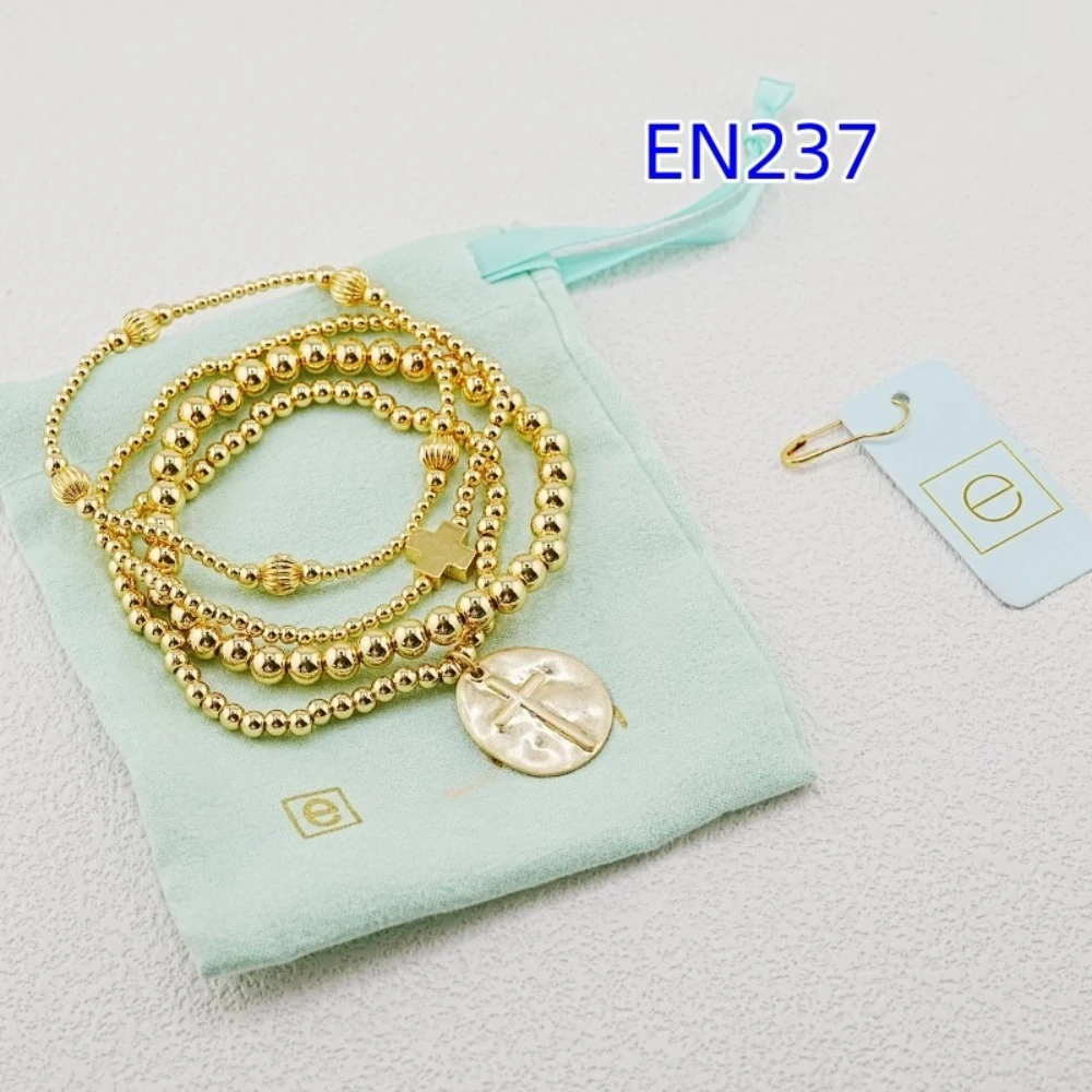YEEVAA Cross Gold Inspire Charm Everyday Beads Stack of 4 Bracelets, Fashion Jewelry Gift for Women Daily Layering