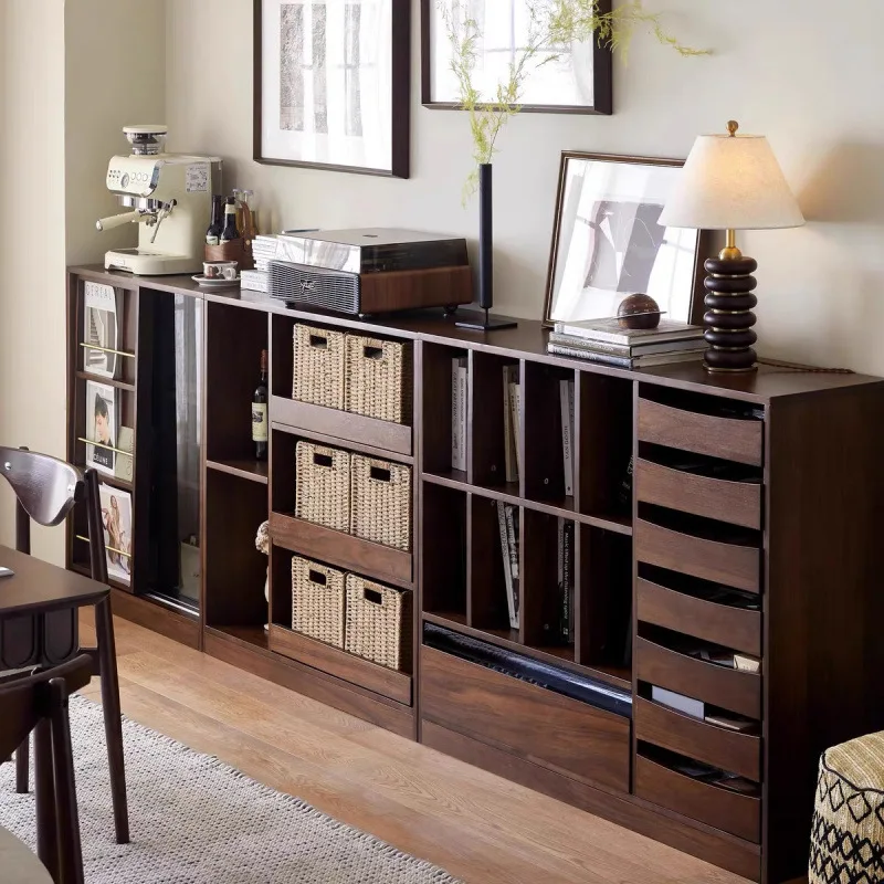 Combinação de estante integrada de madeira maciça, porta deslizante de parede para sala de estar, armário de chão, porta de vidro, cabine de exibição de armazenamento