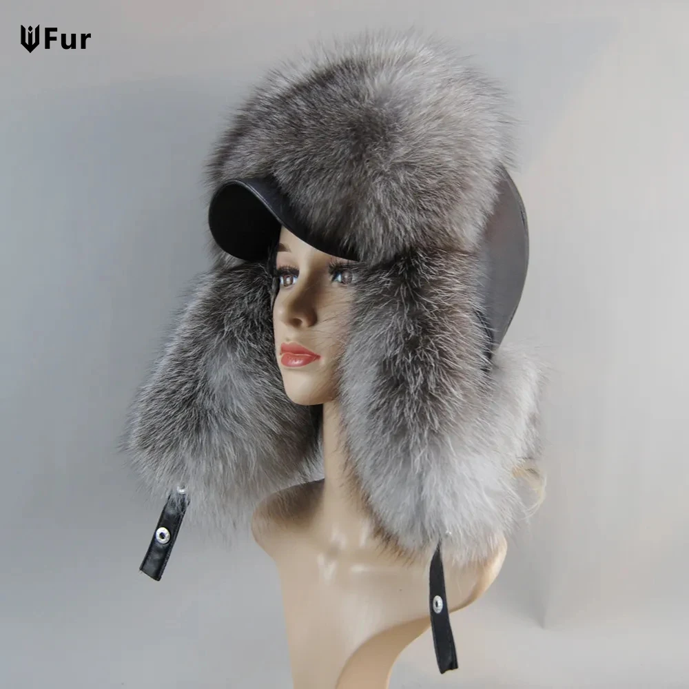 Genuine Silver Fox Fur Hat with Ear Flaps Real Natural Fur Caps for Russian Women Bomber Hats Trapper Cap with Real Leather Top