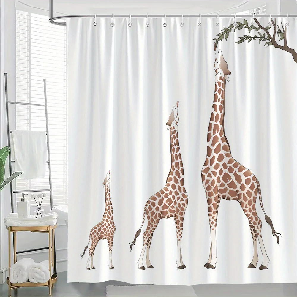 

1pc Three Giraffes Shower Curtain, minimalist digital drawing of giraffes in various heights on white background, playful wildli