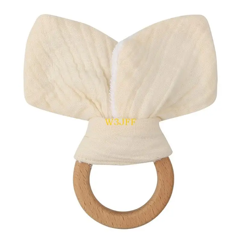 

W3JF Baby Natural Wooden Teether Ring BPA Pain Relief Teether Soft Cotton Rabbit Ears Teething Chewing Appease Toy