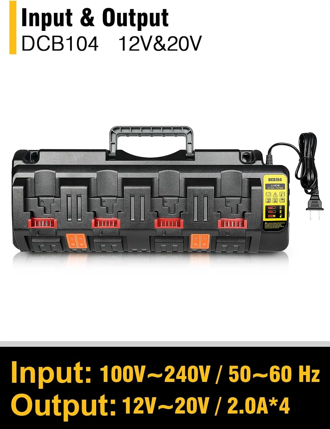 DCB104 20V MAX Battery Charger Replacement for Dewalt Battery Charger, 4 Port Multi Charger Station with 2 USB Ports, Compatible