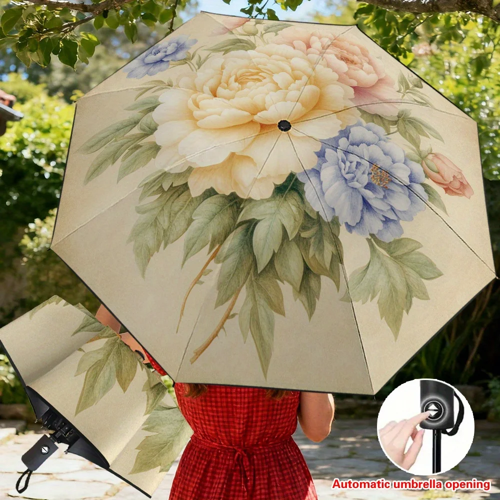 

Элегантный автоматический складной зонт с цветочным принтом, 1 шт. - Легкий компактный дорожный зонт с утолщенной усиленной рамой, 8 спиц.