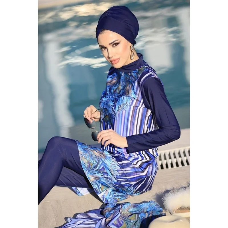 Women Muslim Swimwears Long Sleeves Sport swimming Togs Printed Stretch Full Cover Hijab 4pcs lslamic Burkinis Wear Bathing Suit