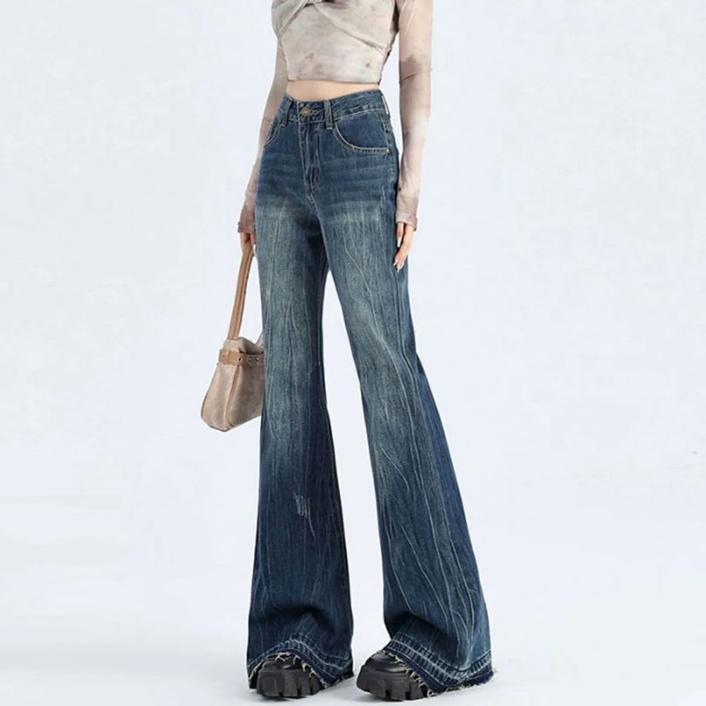 カジュアルお出かけブルーフレアパンツ快適なハイウエストパンツ快適なズボンロング丈パンツわずかにフレアカット