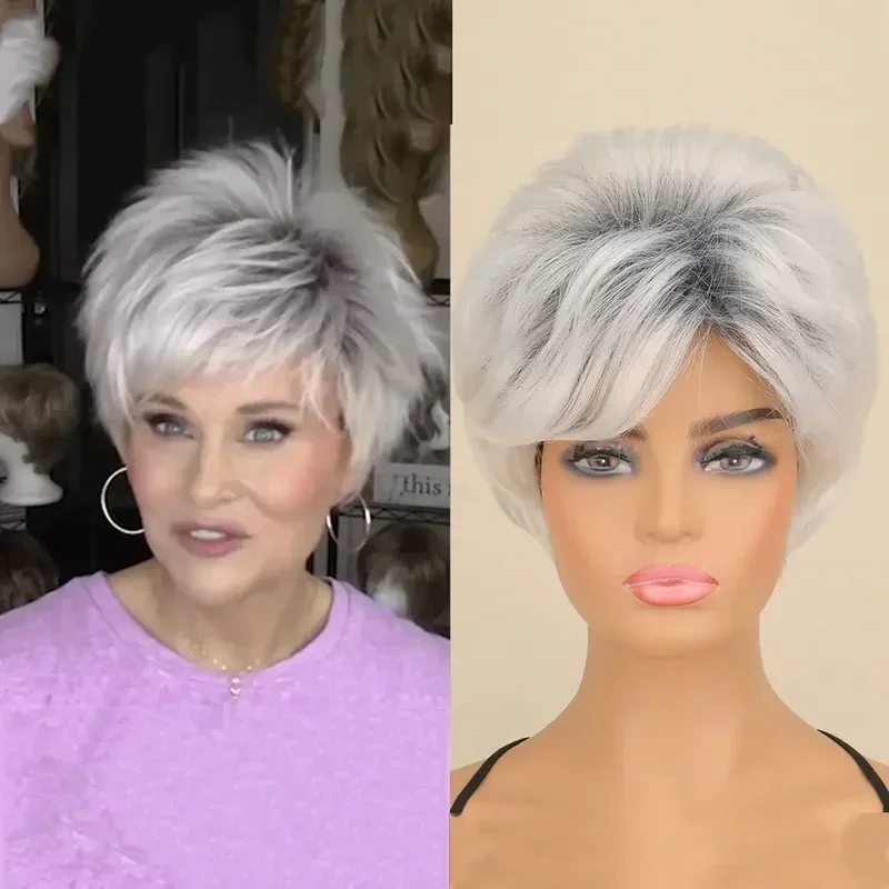 

FC6QQXCAIW Synthetic Hair Women Classic Short Wigs Layers Curly Black Sliver White Wig@FC8！