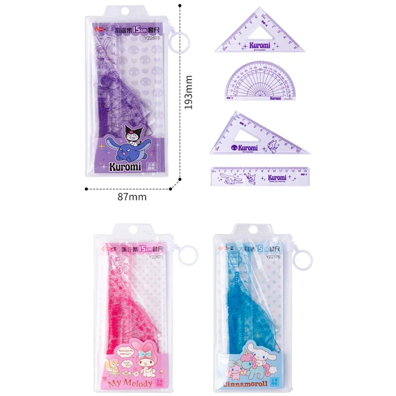 Sanrio Anime Cute Mymelody Kuromi Cinnamoroll Ruler Set Cartoon Kawaii Students Stationery Triangle Protractor Set Kids Gifts