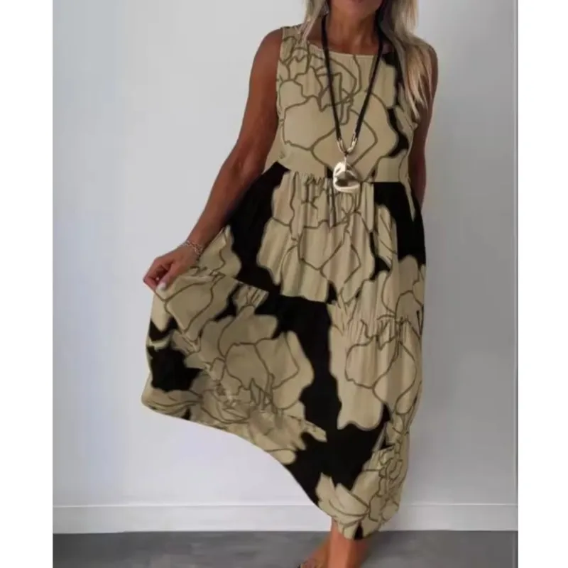 Robe trapèze imprimée sans manches pour femmes, col rond, élégante, plissée, longue, style Boho, ample, décontractée, été, 2025