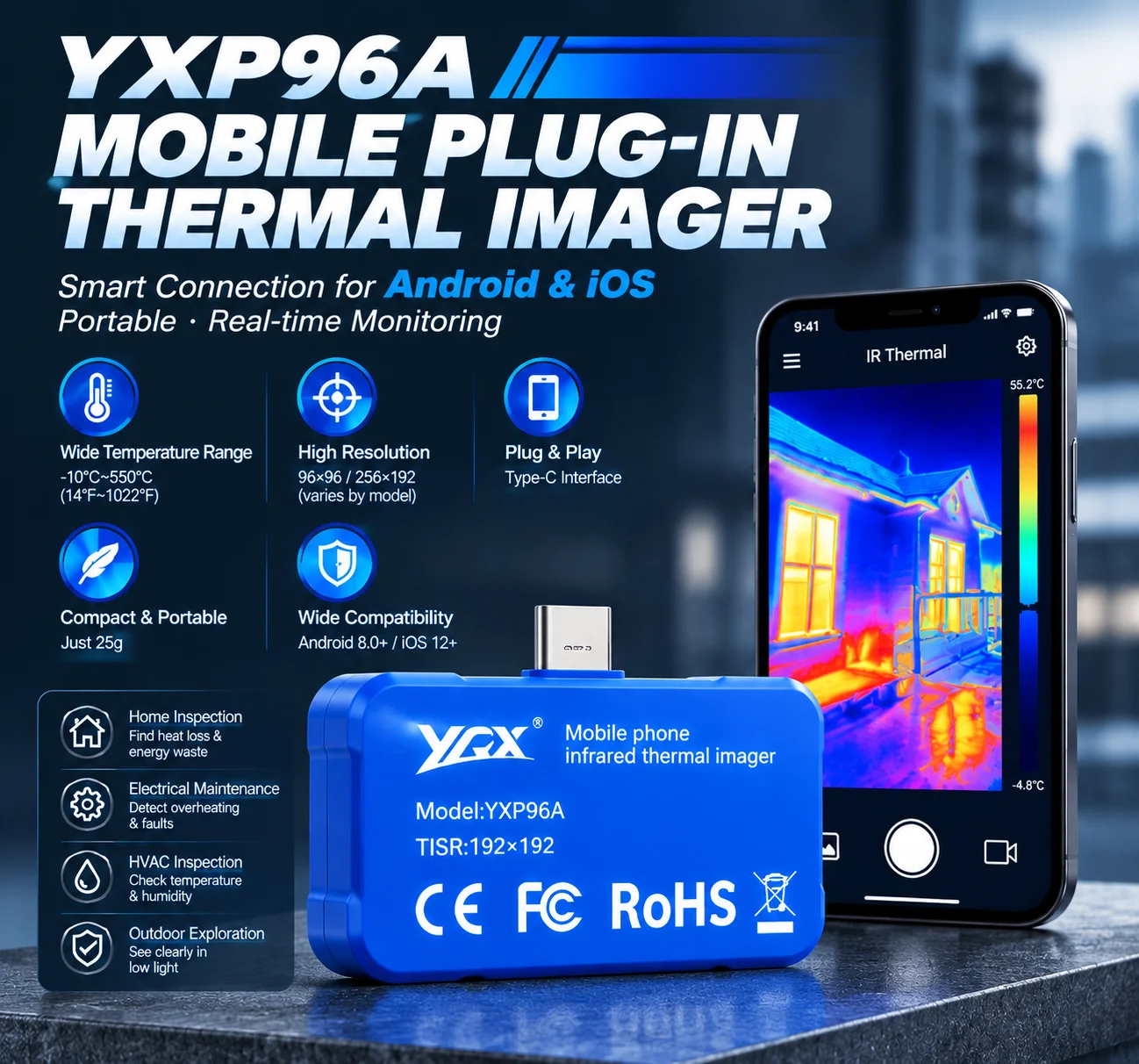 Infrared Thermal Camera For IPhone & Android System, 96×96 IR Resolution, With Temperature Measurement, Night Vision And Photo