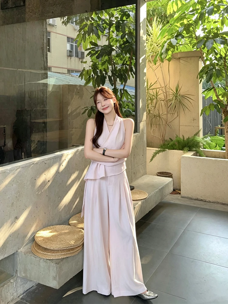 

Casual Women's Fashion Set Irregular Pleated Strap Vest High Waist Long Pants Summer New Style Comfortable Breathable Clothing