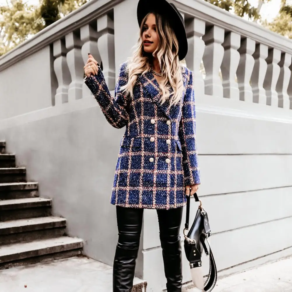 Winter Autumn Lady Coat Turn-down Collar Plaid Print Double-breasted Long Sleeves Thick Mid Length Dating Commuting Office Jacke