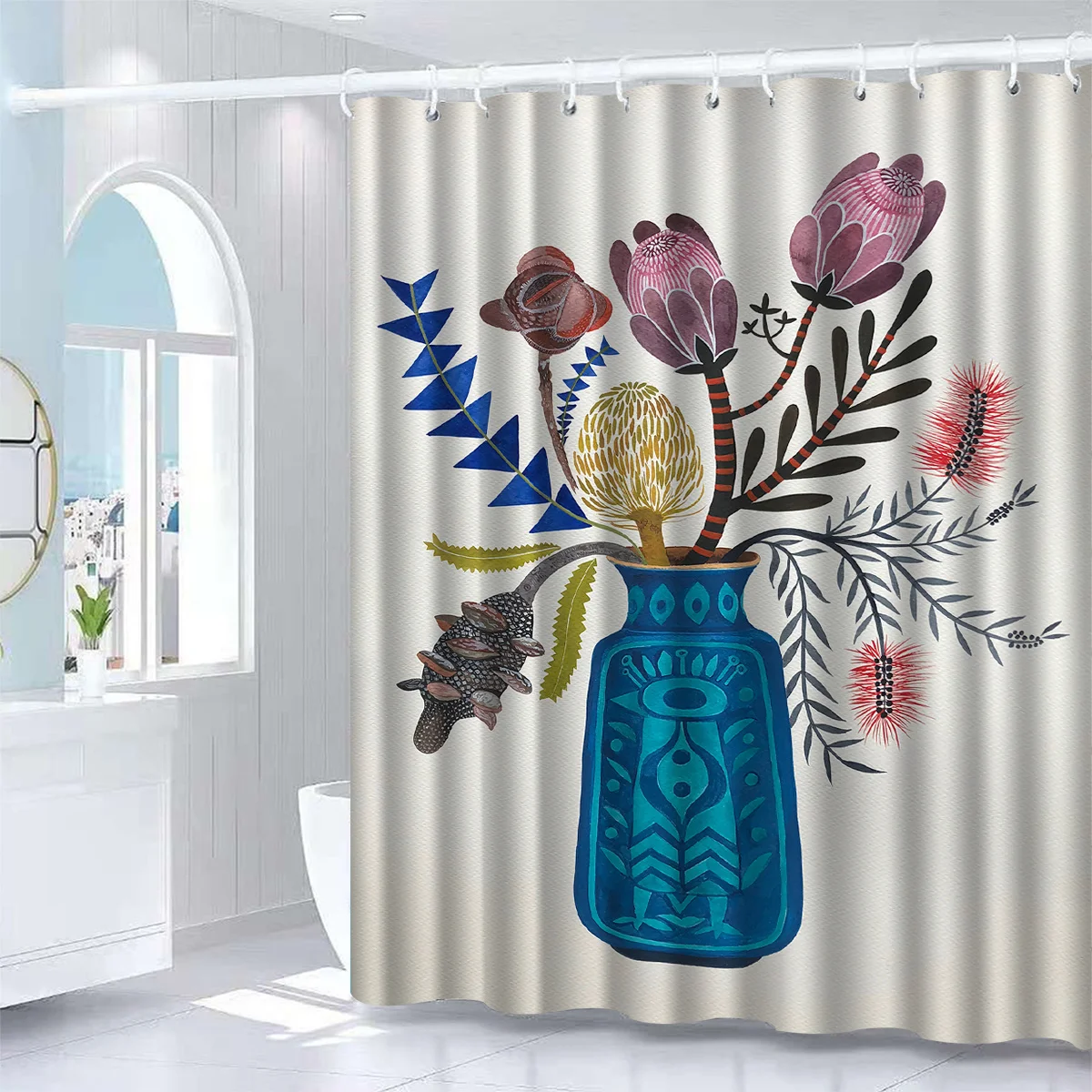 

Элегантная занавеска для душа с цветочной вазой — противотуманный полиэстер, красочный цветочный дизайн, всесезонный художественный декор для ванной комнаты