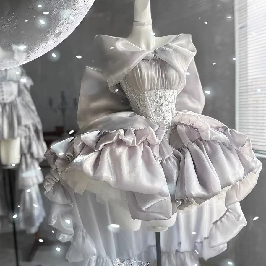 Original New Spring Summer Off Shoulder Sexy Silver Princess Dress Elegant Lage Bow Trailing High Waist Strapless Puff Dress