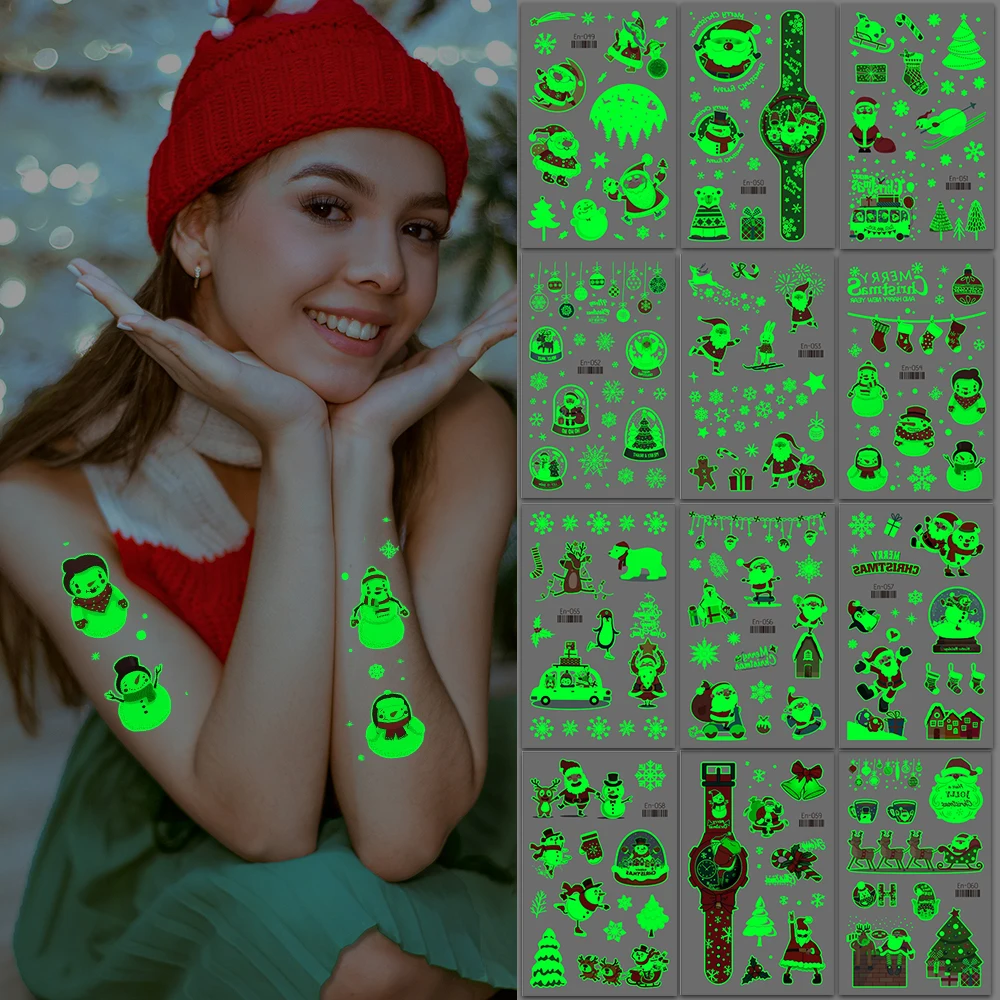 

Glowing Christmas Temporary Tattoos-Santa Claus, Watch, Tree,Snowmen Design Body Art Tattoo Decoration, Christmas Props Party