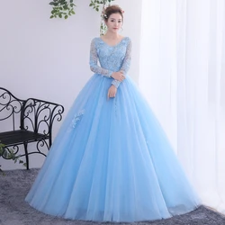 Vestidos de quinceañera con cuentas de encaje azul cielo, mangas largas, cuello en V, flores 3D, vestidos de quinceañera, vestidos de baile con cordones, vestidos de graduación