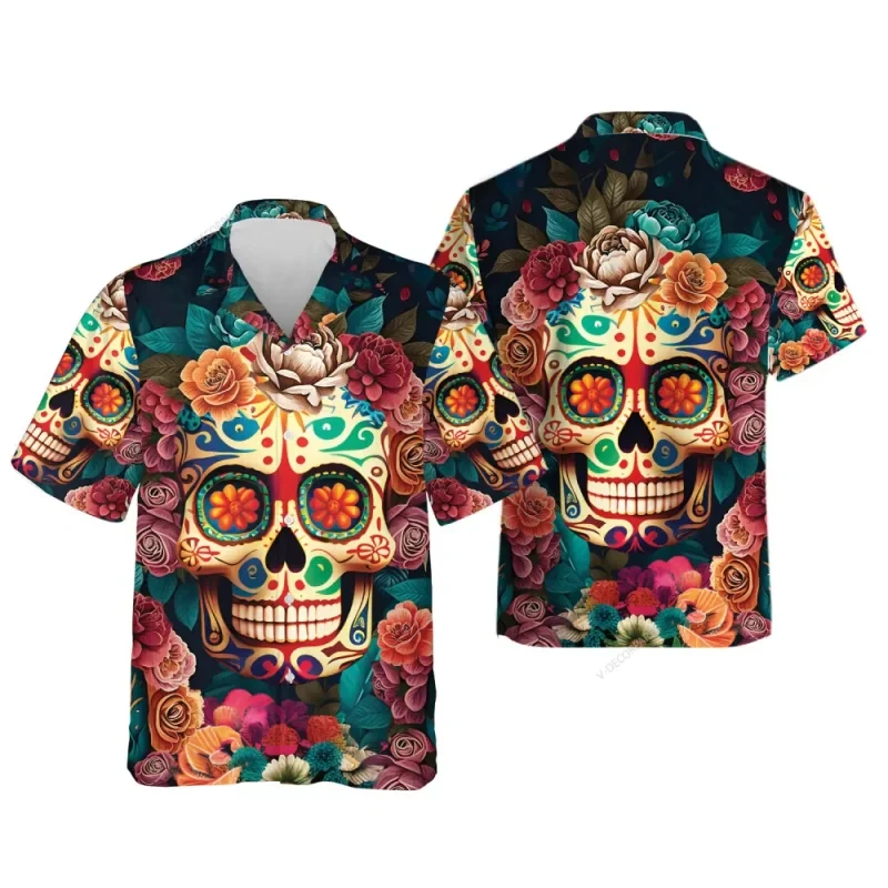 

XS-6XL Plus Size Summer Men's Shirts Skull Graphic Vintage Men Short Sleeve Hawaii Travel Casual Shirt Buttons Tees Tops Clothes