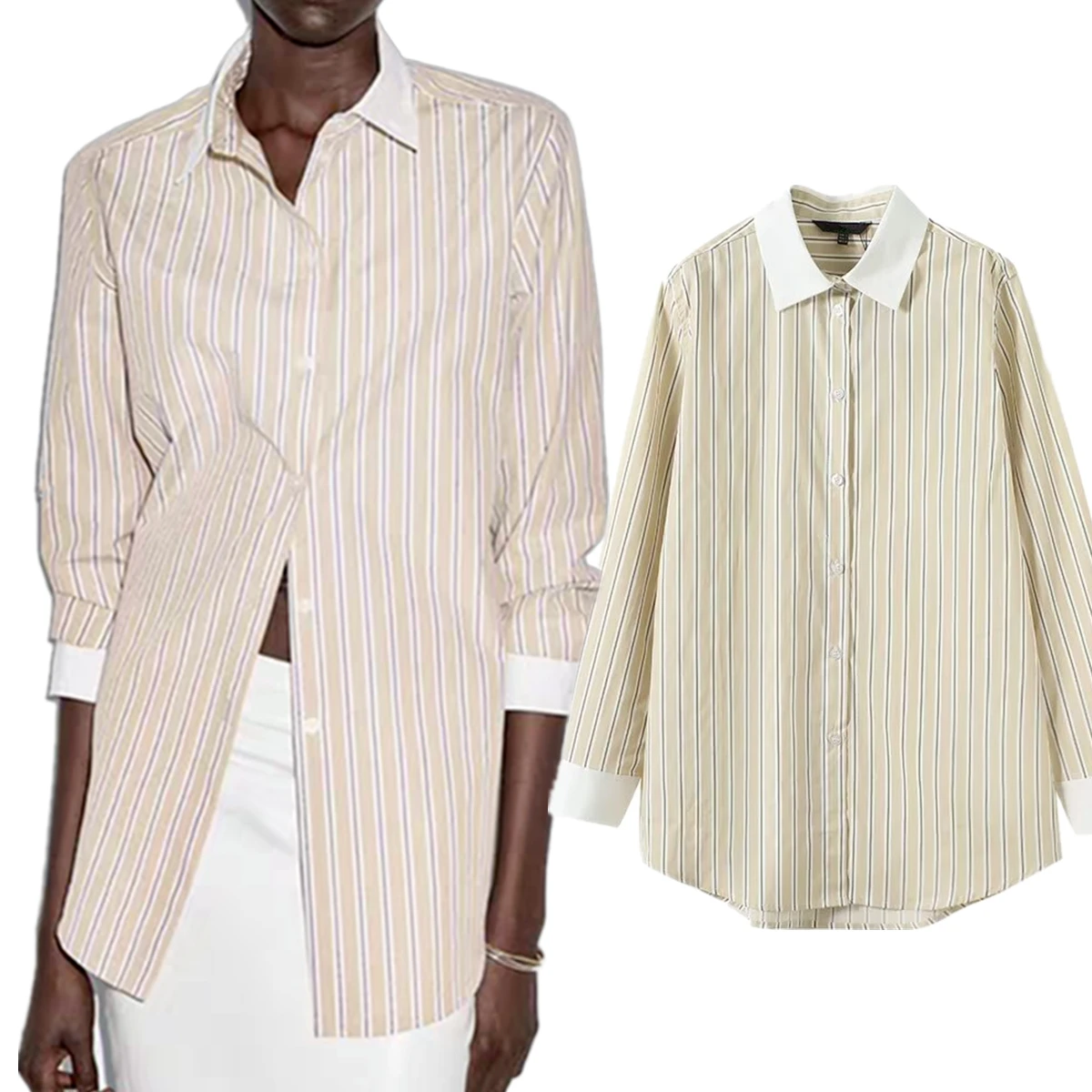 

Jenny&dave Minimalist Elegant Lady Yellow Striped Color Block Long Sleeved Shirt Woman Shirts & Blouses Women's Clothes Shirts