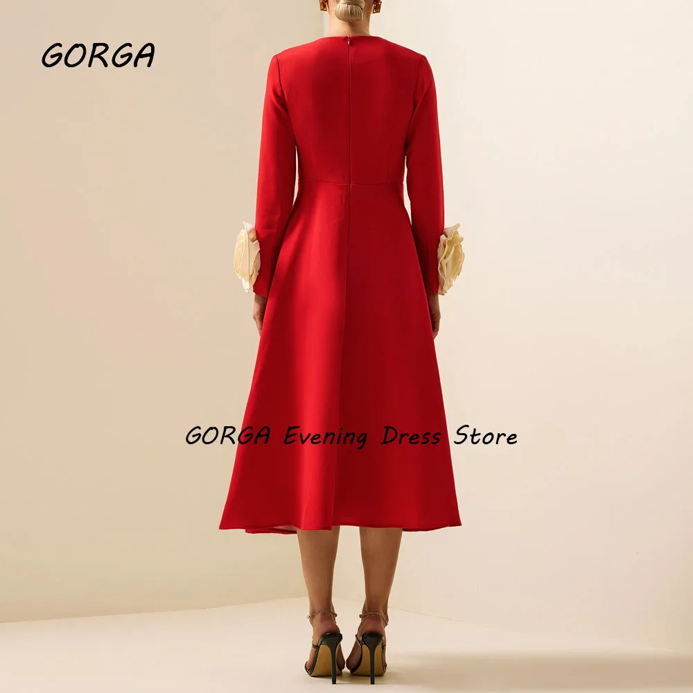 GORGA-vestido de fiesta rojo de crepé con cuello redondo, corte en A, ajustado, manga larga con flores, vestido para ocasión, vestido de noche Formal hasta el té, 2024