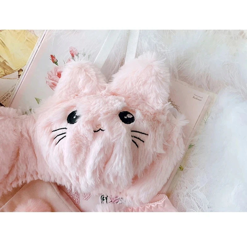 COZOK 2023 Kawaii Soft Plush Student Lingerie Cute Girl Women Cartoon Embroidery Cat Bra Sexy Pink and White No Steel Ring Set