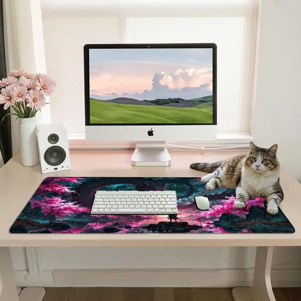 Large Japanese Fantasy Dragon Desk Pad Pink Sakura Cherry Blossom Lake Samurai Warrior Scenic office desk accessories